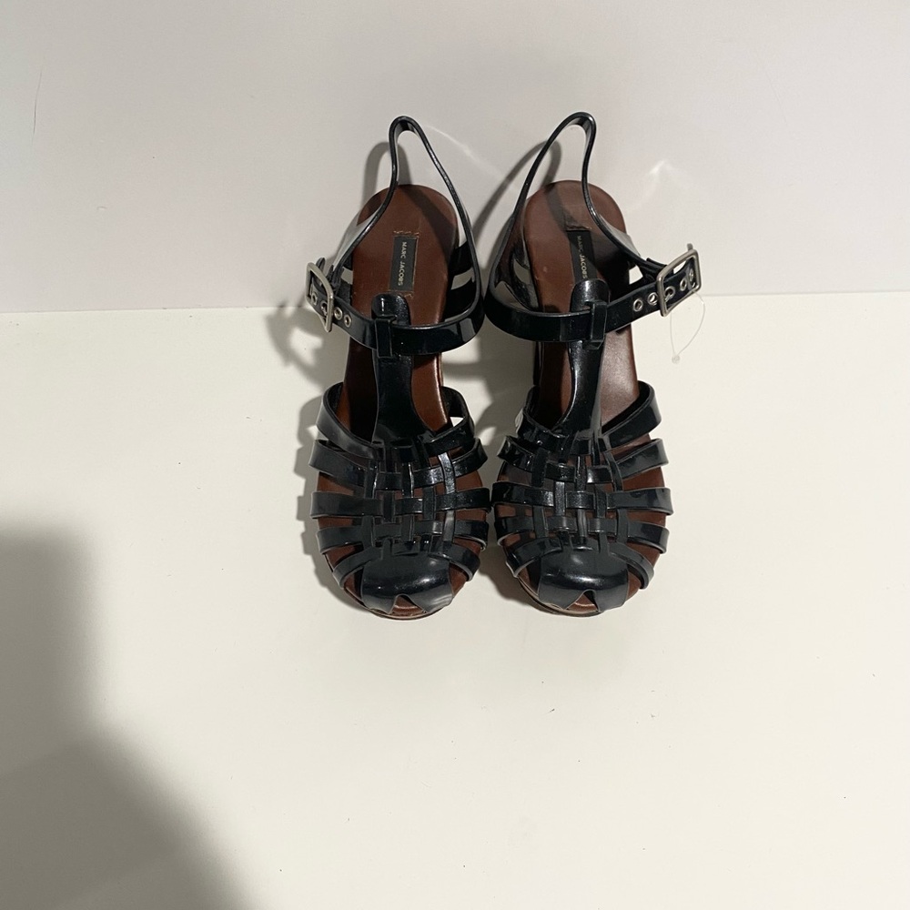 Marc Jacobs Platform Wooden Jelly Fisherman Heel Sandal 37 Block Black - Picture 5 of 11